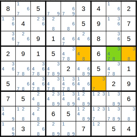 Beispiel 1 für WXYZ-Flügel in Sudoku